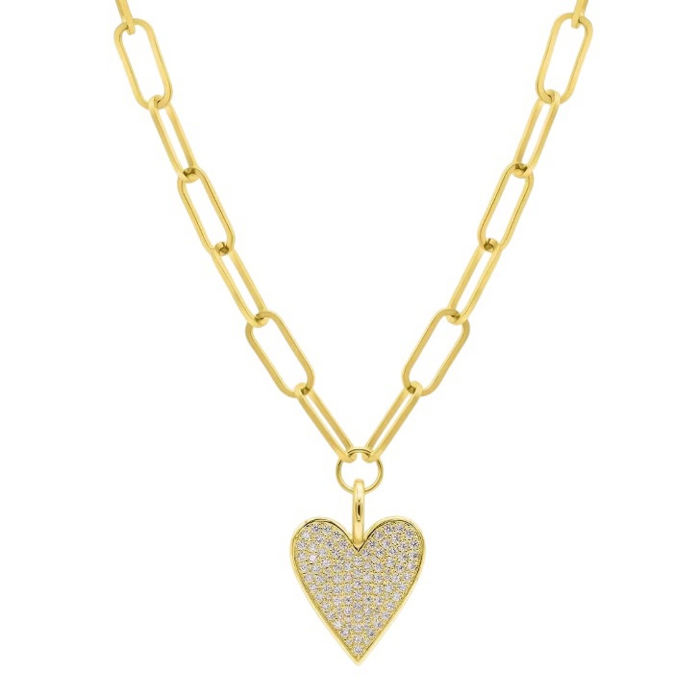 Adornia 14k Gold Plated Adjustable Chunky Paperclip Link Pave Heart Necklace